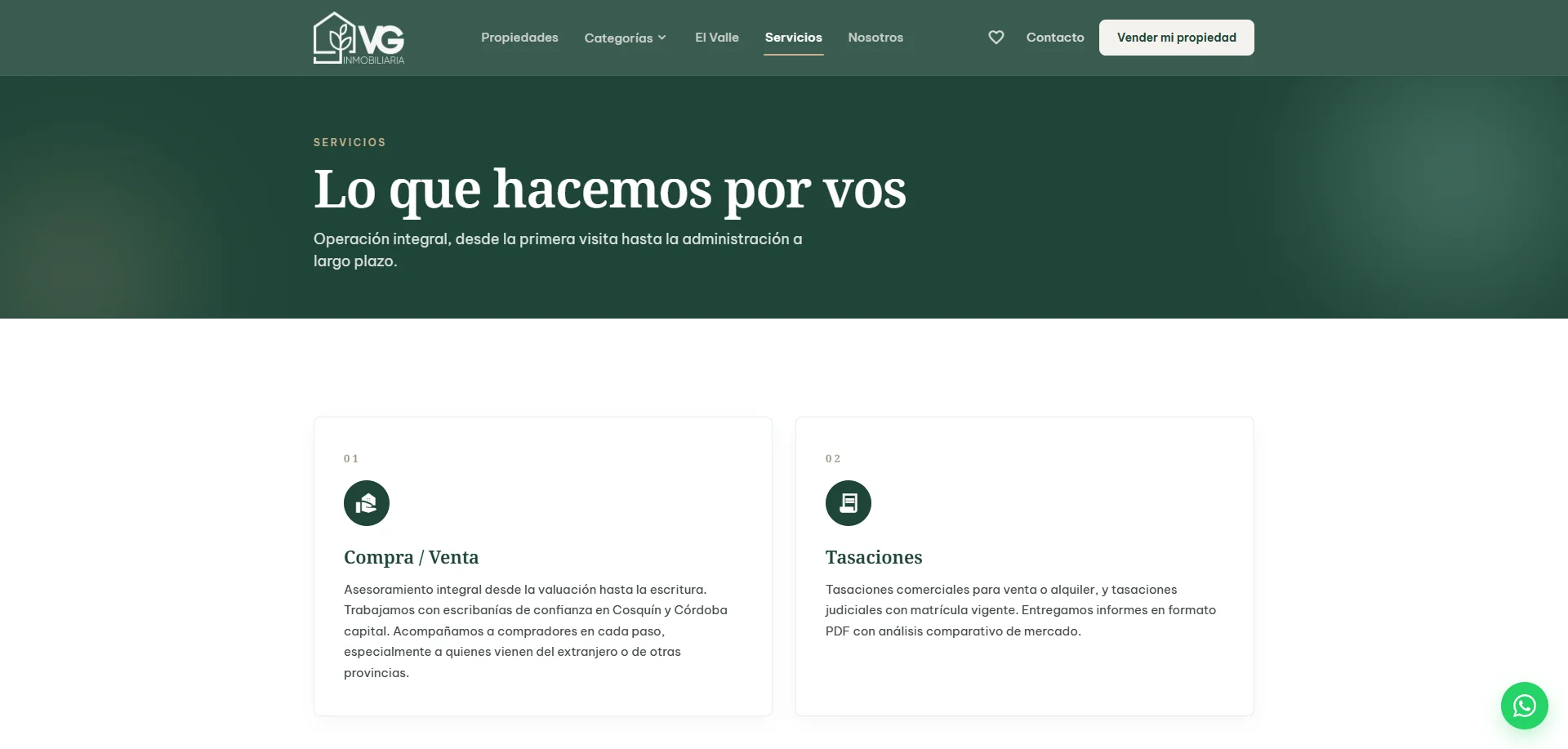 Página de servicios de la inmobiliaria