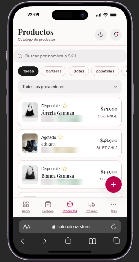 Lista de productos del panel en el celular
