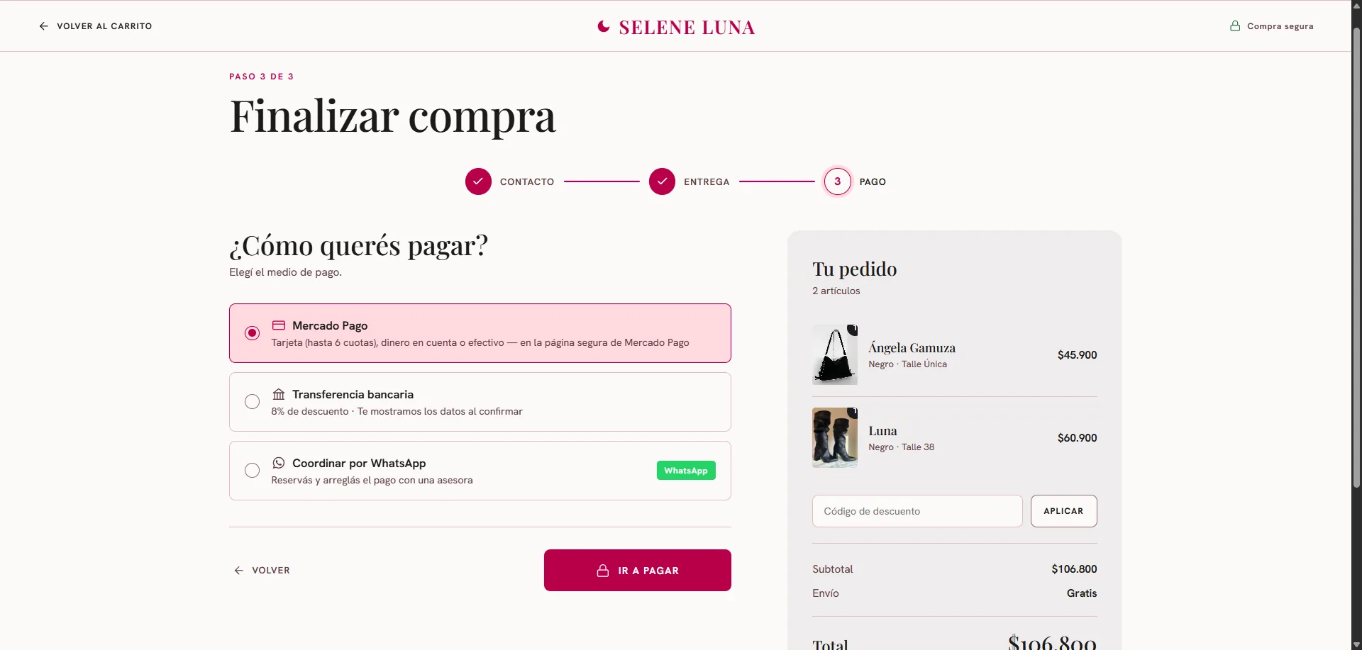 Pantalla de pago con Mercado Pago