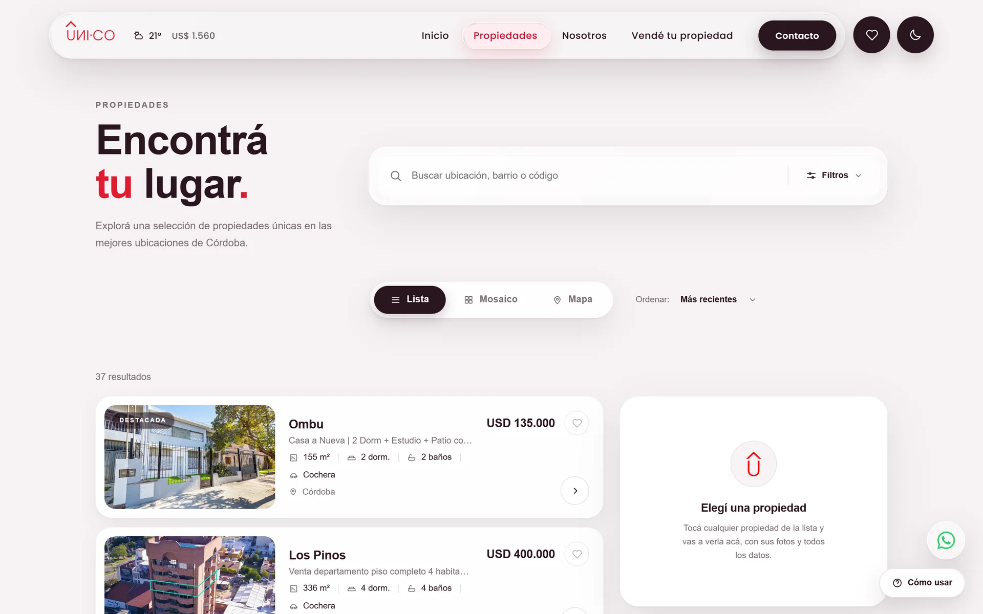 Catálogo de propiedades con lista y filtros